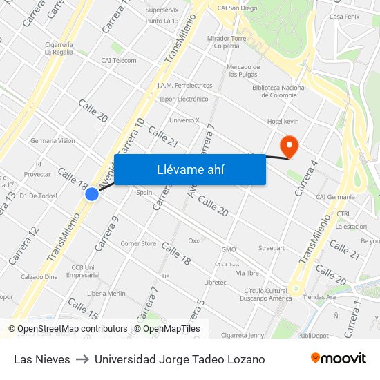 Las Nieves to Universidad Jorge Tadeo Lozano map