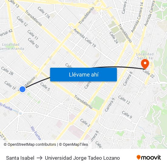 Santa Isabel to Universidad Jorge Tadeo Lozano map