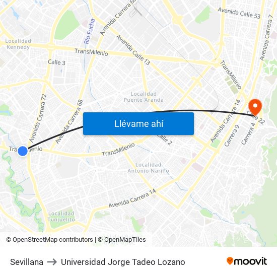 Sevillana to Universidad Jorge Tadeo Lozano map