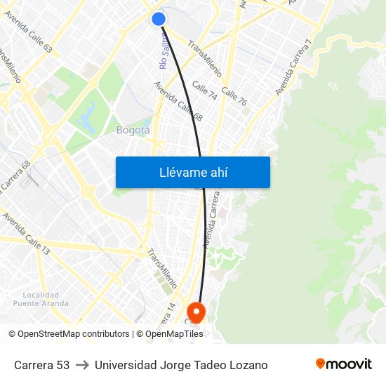 Carrera 53 to Universidad Jorge Tadeo Lozano map