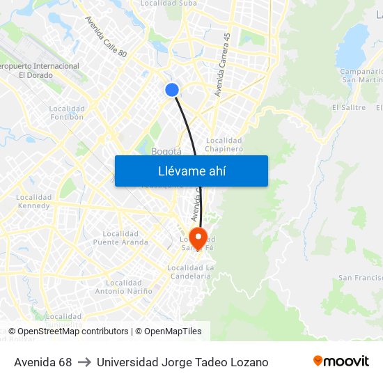 Avenida 68 to Universidad Jorge Tadeo Lozano map