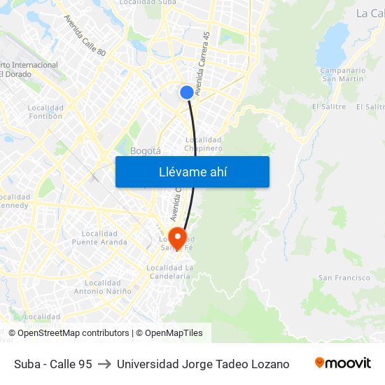 Suba - Calle 95 to Universidad Jorge Tadeo Lozano map