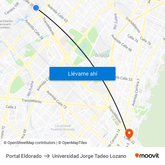 Portal Eldorado to Universidad Jorge Tadeo Lozano map
