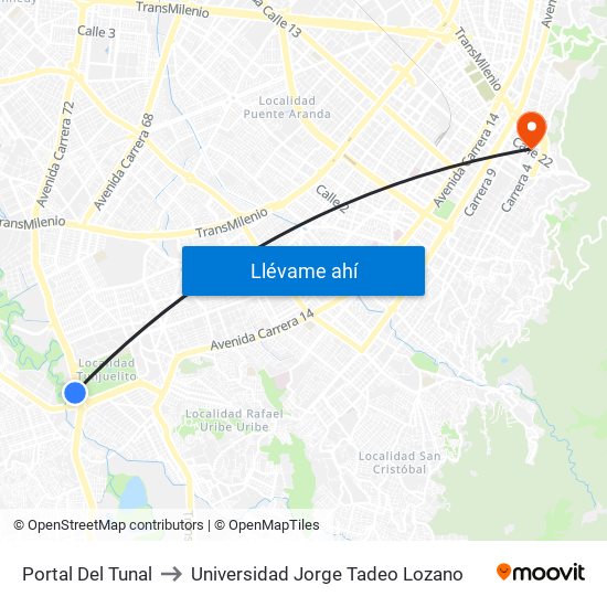 Portal Del Tunal to Universidad Jorge Tadeo Lozano map