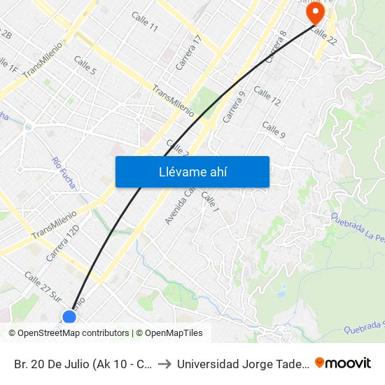 Br. 20 De Julio (Ak 10 - Cl 27a Sur) to Universidad Jorge Tadeo Lozano map