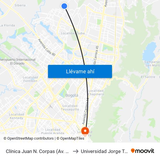 Clínica Juan N. Corpas (Av. Corpas - Cl 159a) to Universidad Jorge Tadeo Lozano map