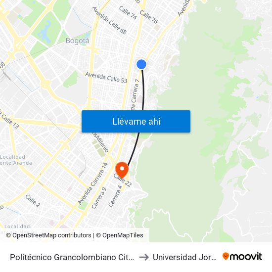 Politécnico Grancolombiano City Campus  - Calle 61 - Carrera 9 to Universidad Jorge Tadeo Lozano map