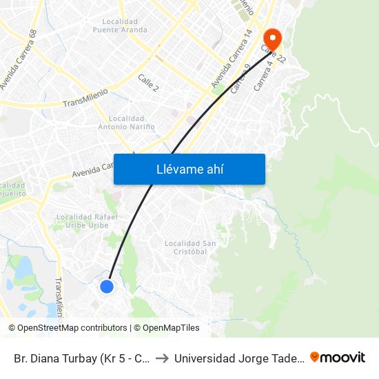 Br. Diana Turbay (Kr 5 - Cl 48u Sur) to Universidad Jorge Tadeo Lozano map