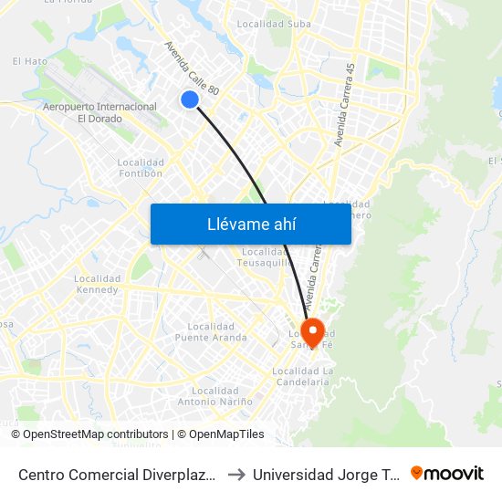 Centro Comercial Diverplaza (Kr 96 - Cl 71c) to Universidad Jorge Tadeo Lozano map