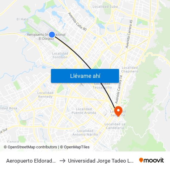 Aeropuerto Eldorado (F) to Universidad Jorge Tadeo Lozano map
