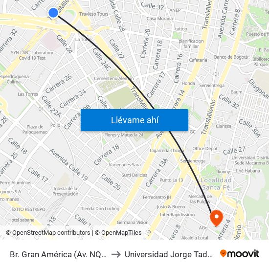 Br. Gran América (Av. NQS - Cl 25b) to Universidad Jorge Tadeo Lozano map