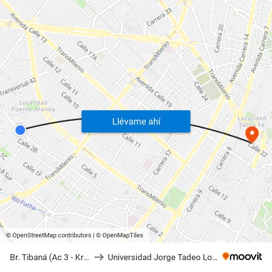 Br. Tibaná (Ac 3 - Kr 38) to Universidad Jorge Tadeo Lozano map