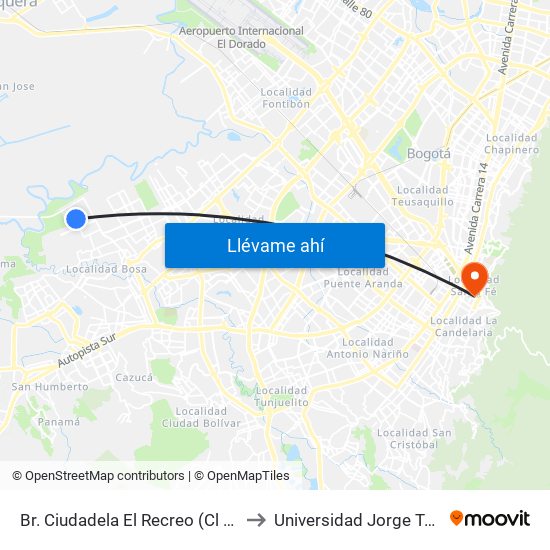 Br. Ciudadela El Recreo (Cl 73 Sur - Kr 99a) to Universidad Jorge Tadeo Lozano map