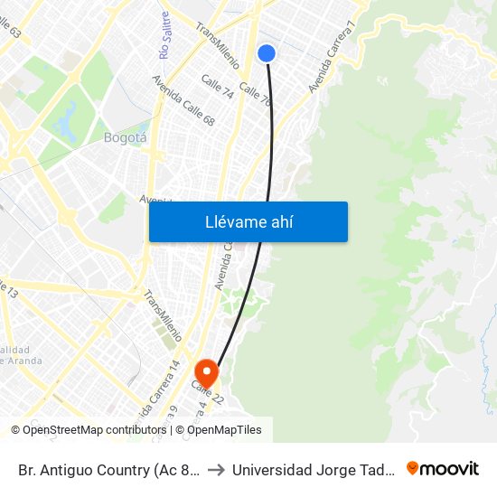 Br. Antiguo Country (Ac 85 - Kr 16a) to Universidad Jorge Tadeo Lozano map