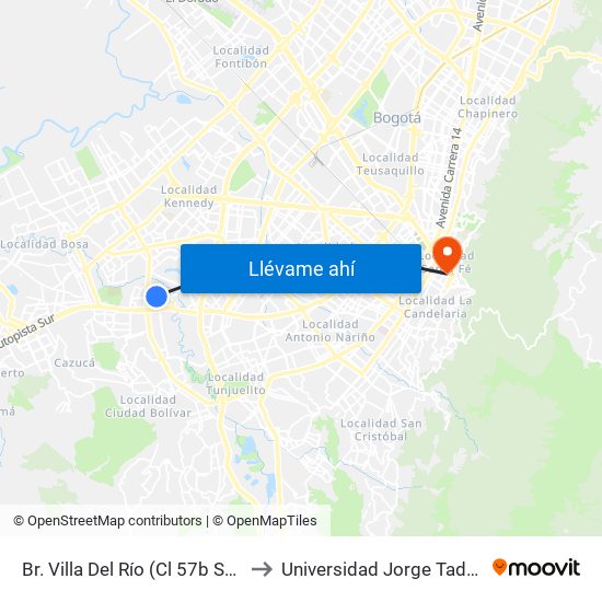 Br. Villa Del Río (Cl 57b Sur - Kr 68a) to Universidad Jorge Tadeo Lozano map