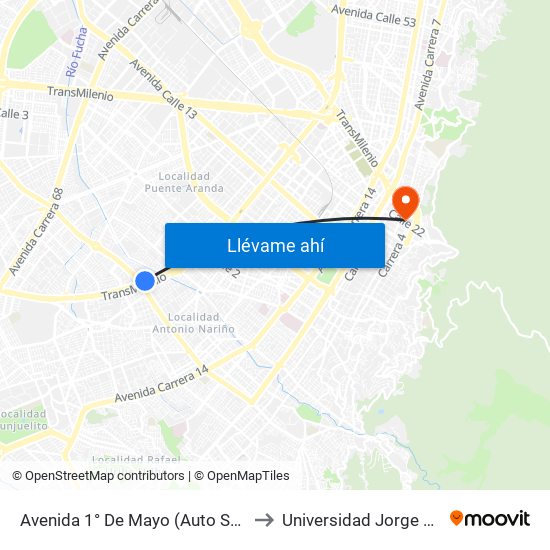 Avenida 1° De Mayo (Auto Sur - Av. 1 De Mayo) to Universidad Jorge Tadeo Lozano map