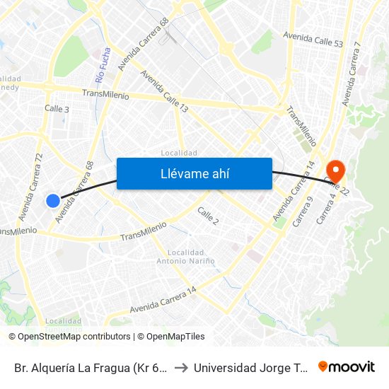 Br. Alquería La Fragua (Kr 68d - Cl 38a Sur) to Universidad Jorge Tadeo Lozano map