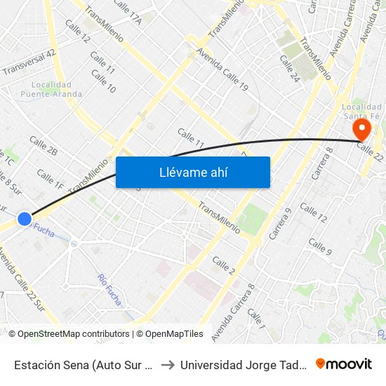 Estación Sena (Auto Sur - Cl 12 Sur) to Universidad Jorge Tadeo Lozano map
