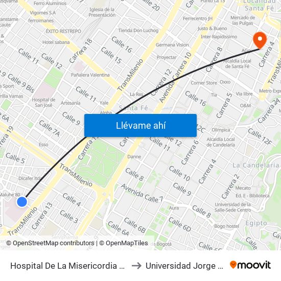 Hospital De La Misericordia (Dg 2 - Av. Caracas) to Universidad Jorge Tadeo Lozano map