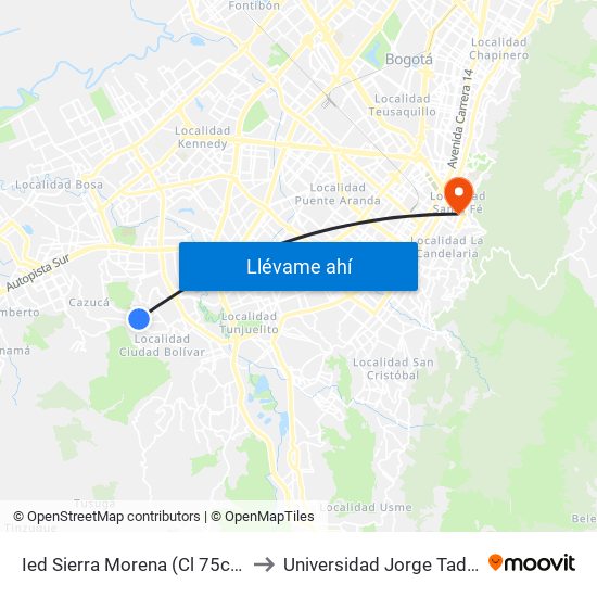 Ied Sierra Morena (Cl 75c Sur - Tv 53) to Universidad Jorge Tadeo Lozano map