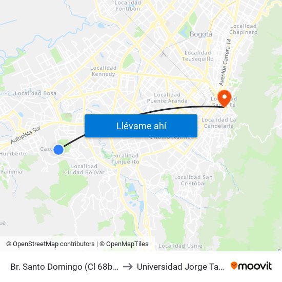 Br. Santo Domingo (Cl 68b Sur - Kr 77b) to Universidad Jorge Tadeo Lozano map