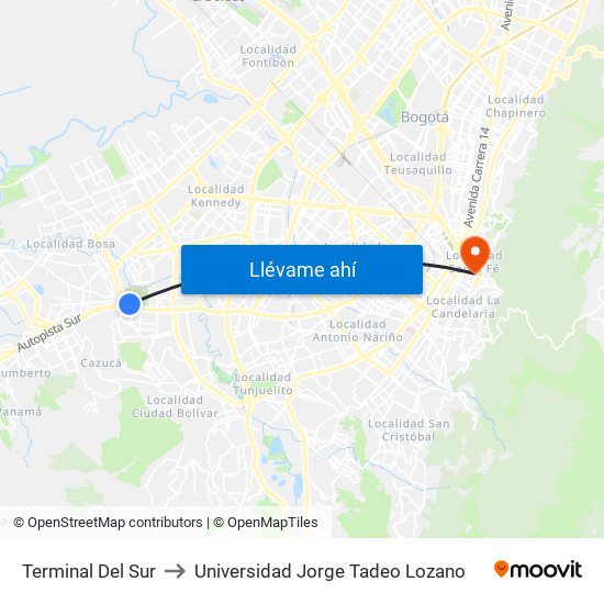 Terminal Del Sur to Universidad Jorge Tadeo Lozano map