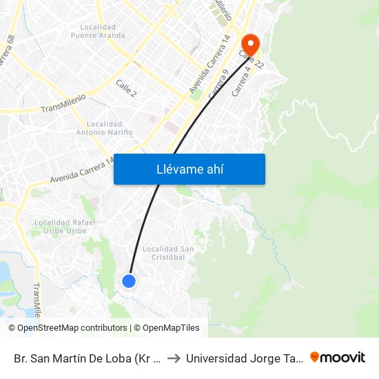 Br. San Martín De Loba (Kr 1a - Cl 41 Sur) to Universidad Jorge Tadeo Lozano map