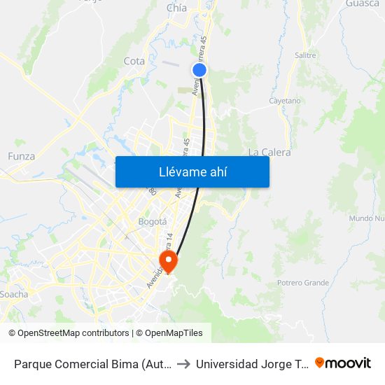 Parque Comercial Bima (Auto Norte - Ac 235) to Universidad Jorge Tadeo Lozano map