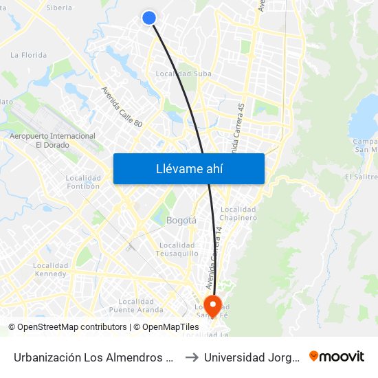 Urbanización Los Almendros Norte (Cl 152b - Kr 114d) to Universidad Jorge Tadeo Lozano map