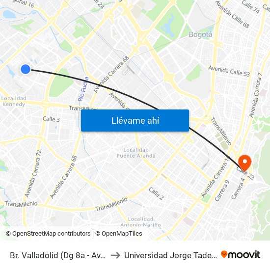 Br. Valladolid (Dg 8a - Av. A. Mejía) to Universidad Jorge Tadeo Lozano map