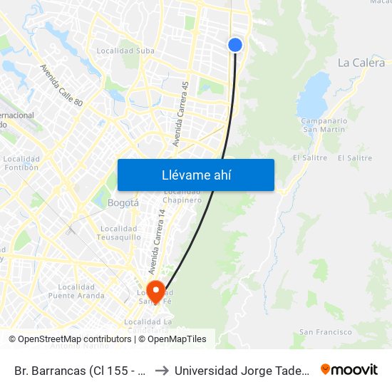 Br. Barrancas (Cl 155 - Kr 8 Bis) to Universidad Jorge Tadeo Lozano map