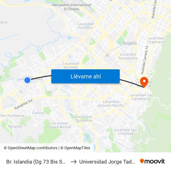 Br. Islandia (Dg 73 Bis Sur - Kr 83a) to Universidad Jorge Tadeo Lozano map