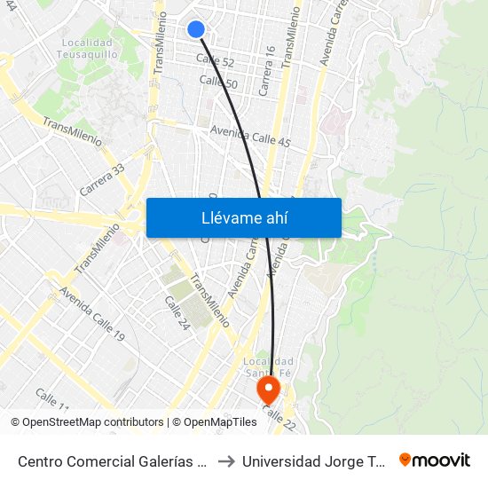 Centro Comercial Galerías (Cl 53b - Tv 25) to Universidad Jorge Tadeo Lozano map