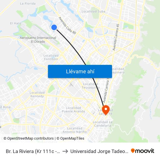 Br. La Riviera (Kr 111c - Cl 70f) to Universidad Jorge Tadeo Lozano map