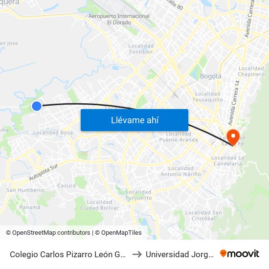 Colegio Carlos Pizarro León Gómez (Cl 73 Sur - Kr 103) to Universidad Jorge Tadeo Lozano map