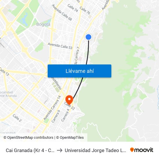 Cai Granada (Kr 4 - Cl 64) to Universidad Jorge Tadeo Lozano map