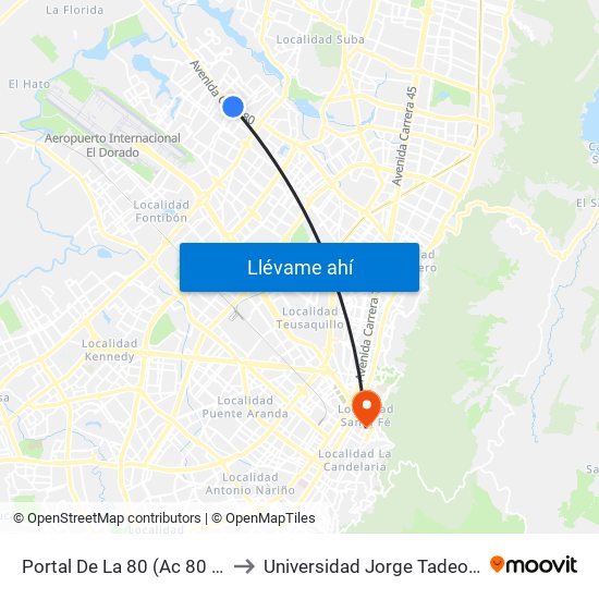Portal De La 80 (Ac 80 - Kr 96) to Universidad Jorge Tadeo Lozano map