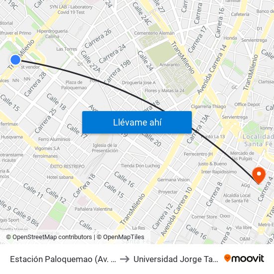 Estación Paloquemao (Av. NQS - Cl 17a) to Universidad Jorge Tadeo Lozano map
