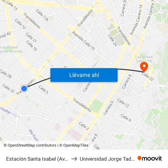 Estación Santa Isabel (Av. NQS - Cl 2) to Universidad Jorge Tadeo Lozano map