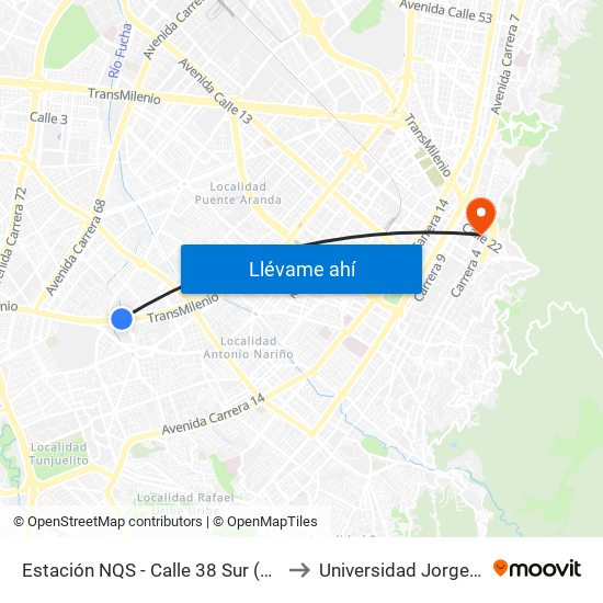 Estación NQS - Calle 38 Sur (Auto Sur - Dg 38a Sur) to Universidad Jorge Tadeo Lozano map
