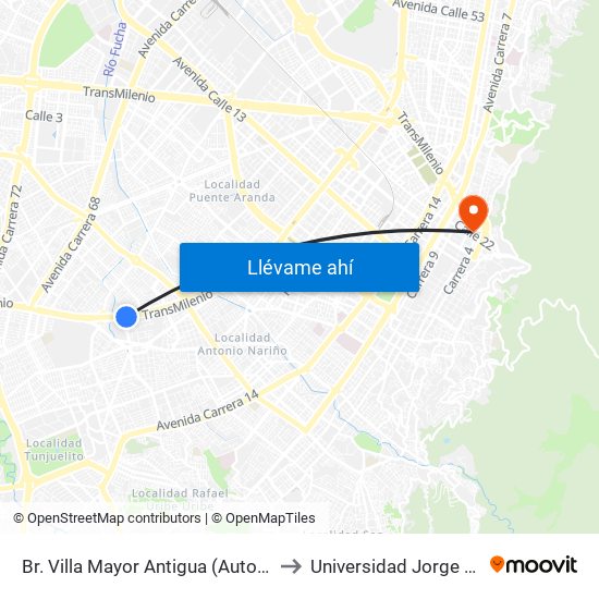 Br. Villa Mayor Antigua (Auto Sur - Cl 38 Bis Sur) to Universidad Jorge Tadeo Lozano map