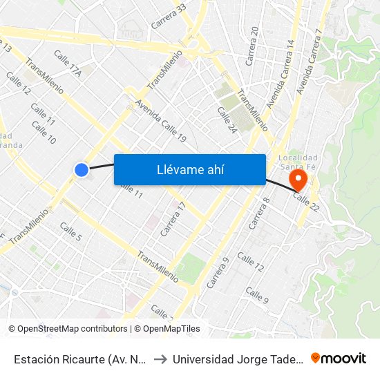 Estación Ricaurte (Av. NQS - Cl 9) to Universidad Jorge Tadeo Lozano map