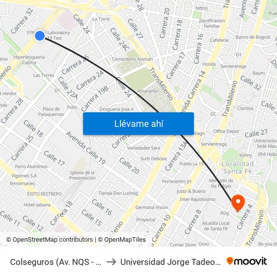 Colseguros (Av. NQS - Cl 22a) to Universidad Jorge Tadeo Lozano map