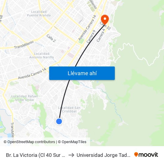 Br. La Victoria (Cl 40 Sur - Kr 3 Este) to Universidad Jorge Tadeo Lozano map