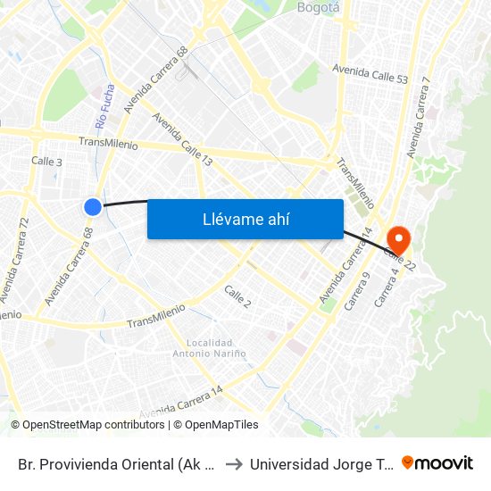 Br. Provivienda Oriental (Ak 68 - Cl 11 Sur) (A) to Universidad Jorge Tadeo Lozano map