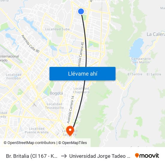 Br. Britalia (Cl 167 - Kr 54d) to Universidad Jorge Tadeo Lozano map