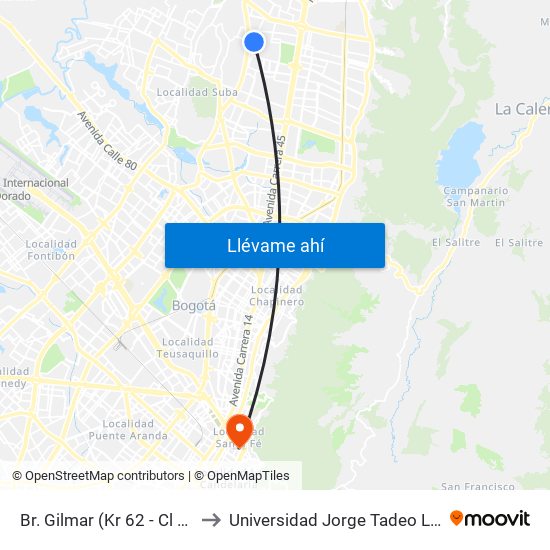 Br. Gilmar (Kr 62 - Cl 162a) to Universidad Jorge Tadeo Lozano map