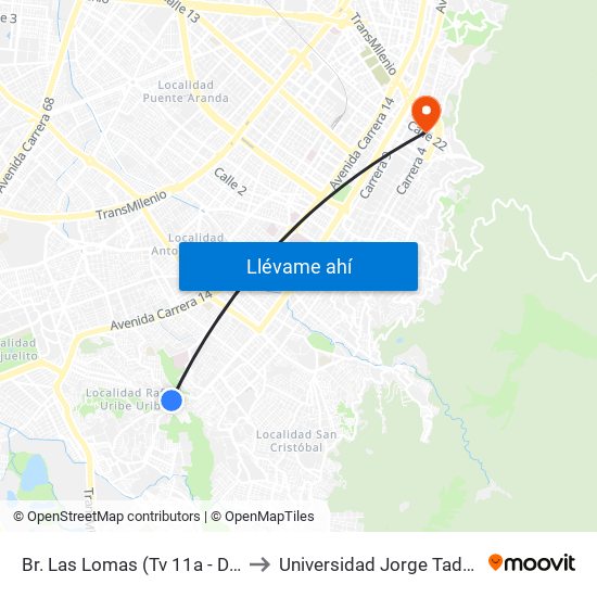 Br. Las Lomas (Tv 11a - Dg 38g Sur) to Universidad Jorge Tadeo Lozano map