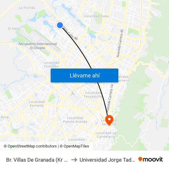 Br. Villas De Granada (Kr 113 - Cl 78) to Universidad Jorge Tadeo Lozano map