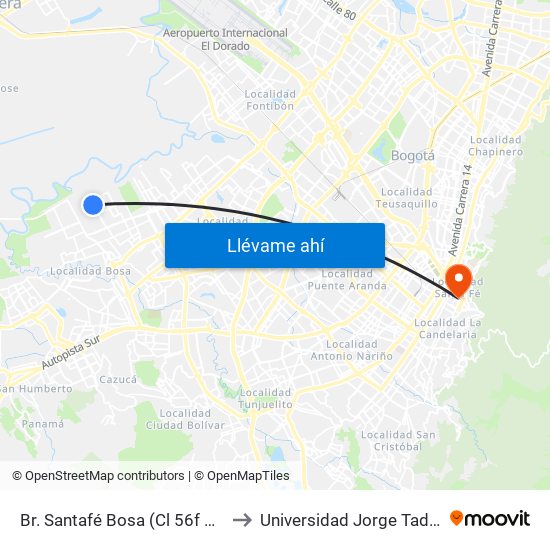 Br. Santafé Bosa (Cl 56f Sur - Kr 98c) to Universidad Jorge Tadeo Lozano map